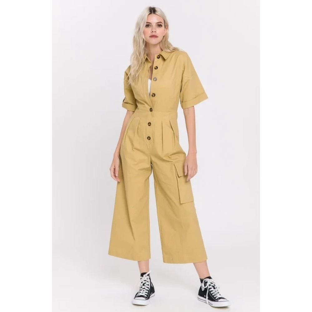 Grey Lab Anthropologie Cargo Women's Brown SP Cotton Button Up Jumpsuit NWT Cozy